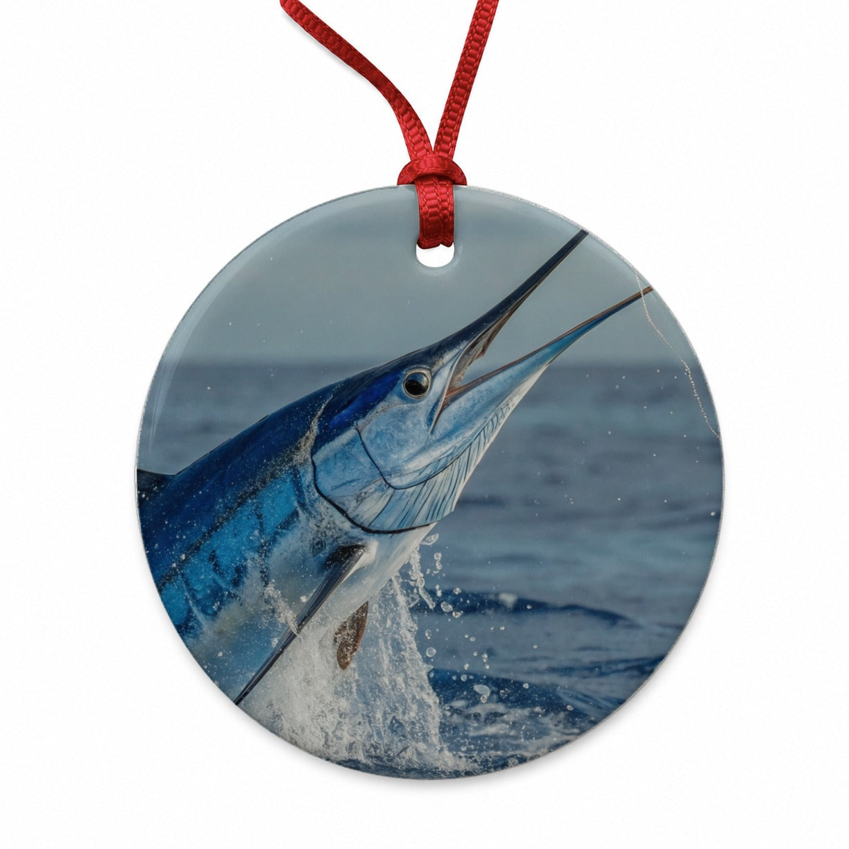Blue Marlin Deep Sea Fishing Round Ceramic Holiday Christmas Tree Ornament