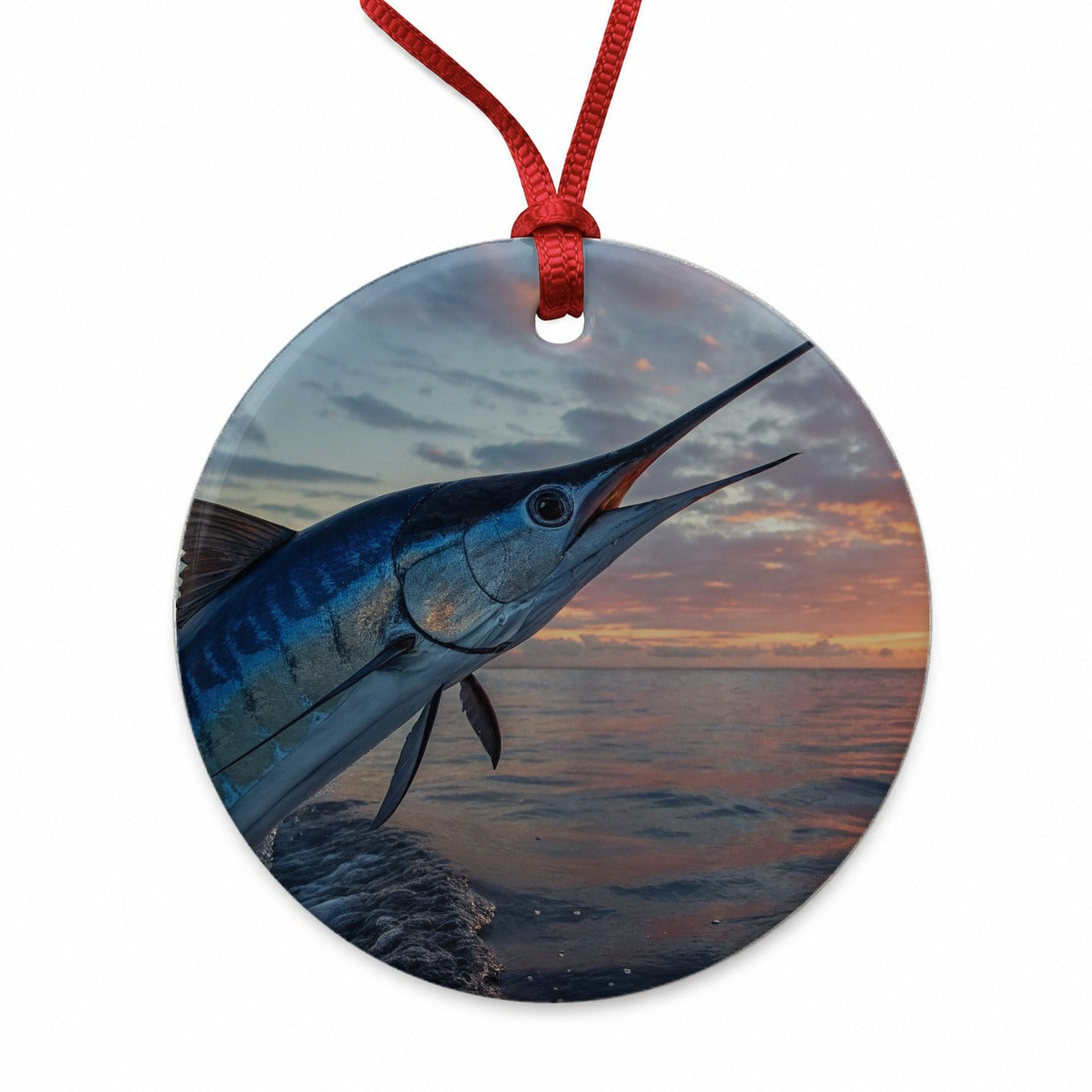 Blue Marlin Fishing Sunset Round Ceramic Holiday Christmas Tree Ornament