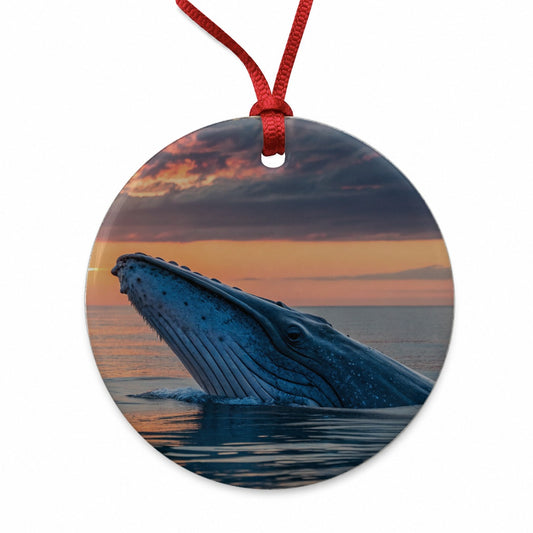 Blue Whale Ocean Sunset Round Ceramic Holiday Christmas Tree Ornament