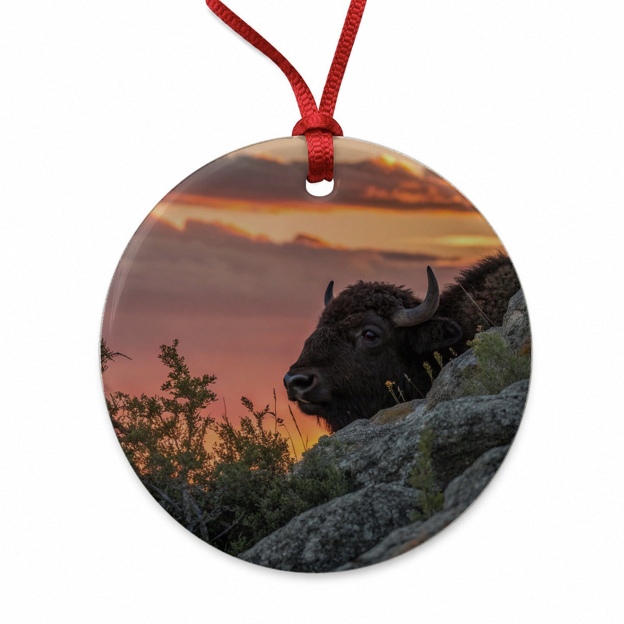 Buffalo At Sunset Round Ceramic Holiday Christmas Tree Ornament