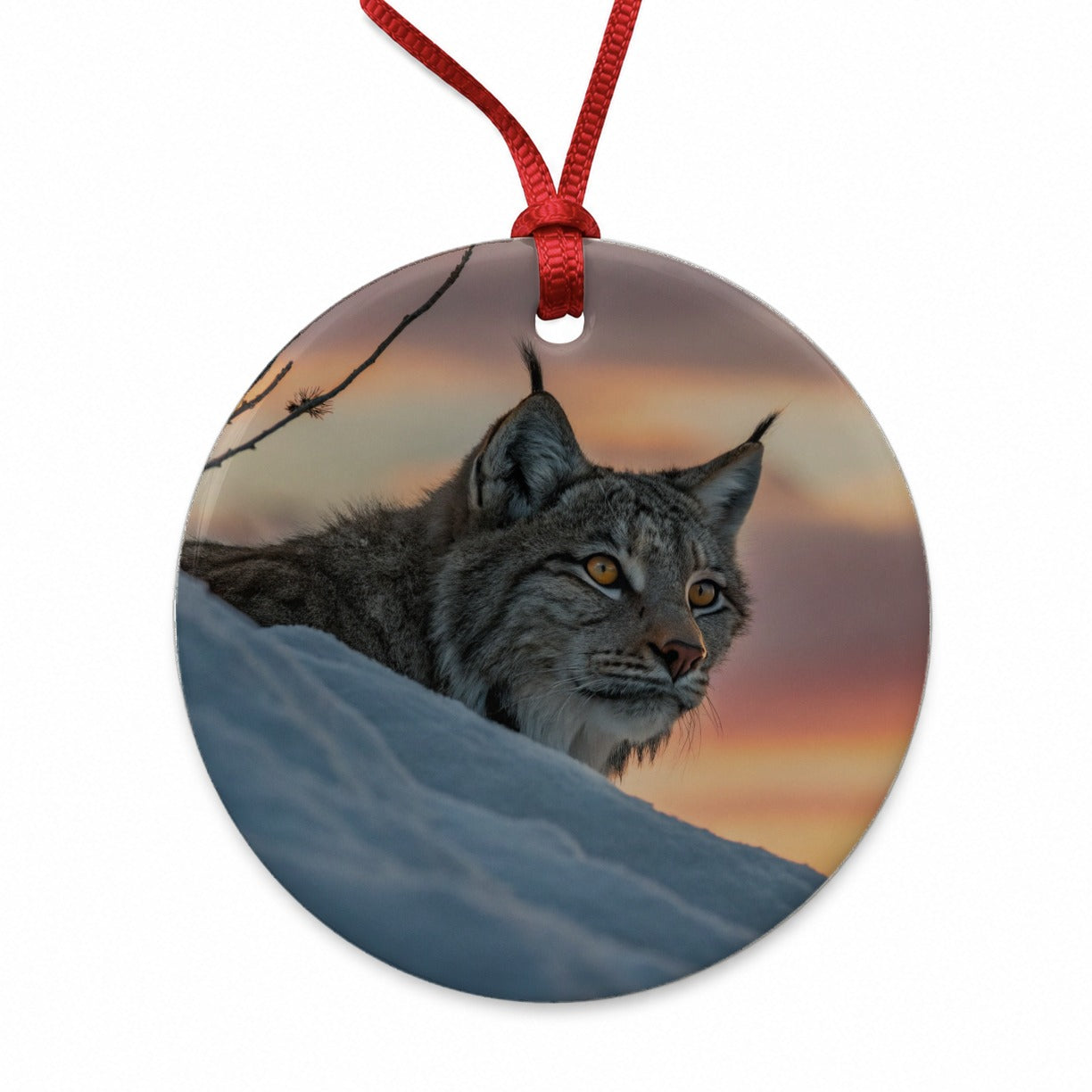 Canada Lynx At Sunset Round Ceramic Holiday Christmas Tree Ornament
