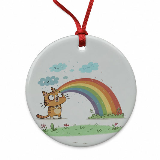Cat Rainbow Pride Round Ceramic Holiday Christmas Tree Ornament
