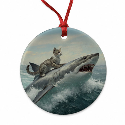 Cat Riding Shark Funny Round Ceramic Holiday Christmas Tree Ornament