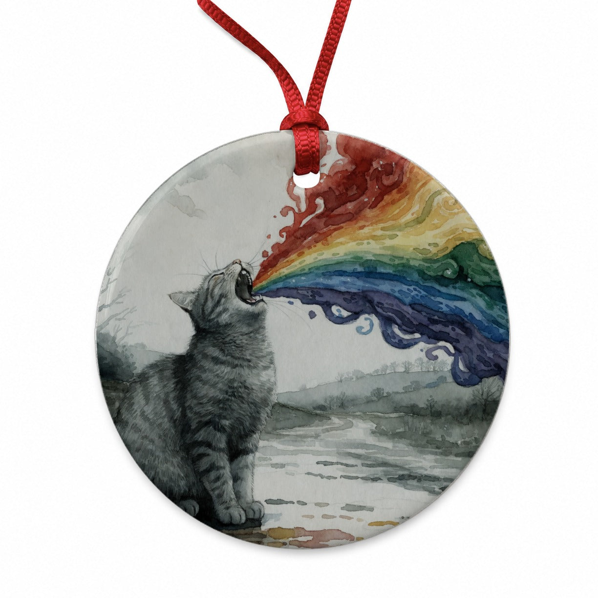 Cat Vomiting Rainbow Watercolor Round Ceramic Holiday Christmas Tree Ornament