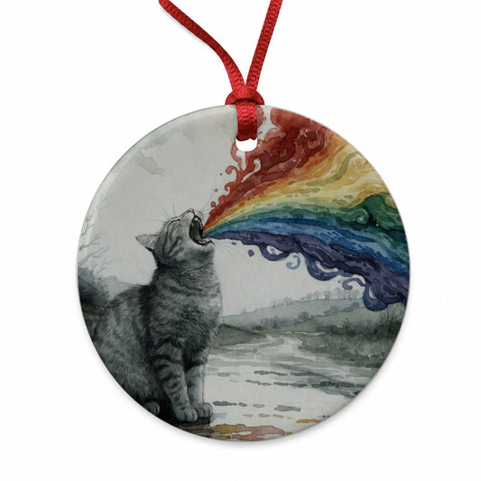Cat Vomiting Rainbow Watercolor Round Ceramic Holiday Christmas Tree Ornament
