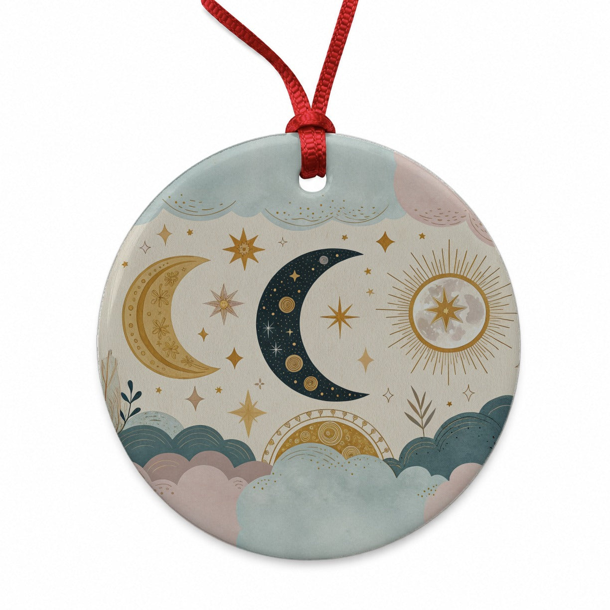 Celestial Moon Collage Round Ceramic Holiday Christmas Tree Ornament