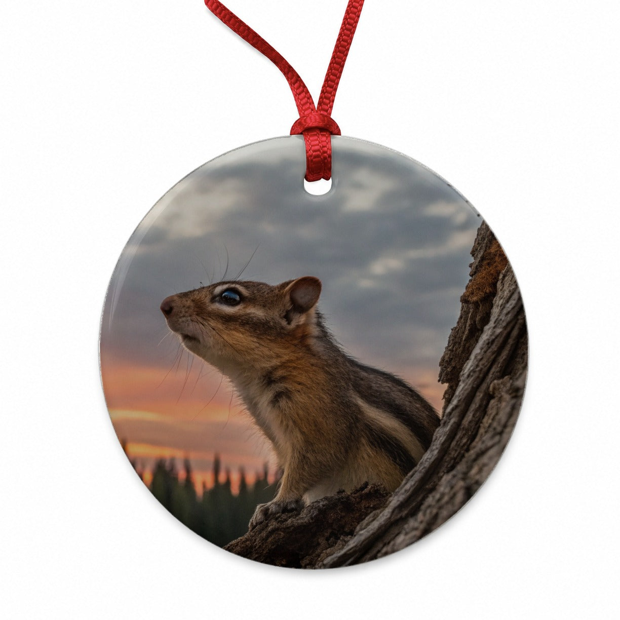 Chipmunk At Sunset Round Ceramic Holiday Christmas Tree Ornament