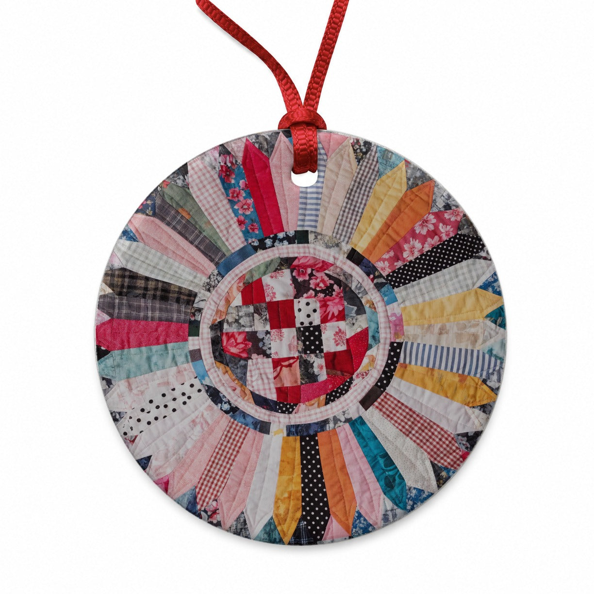 Circular Quilt Round Ceramic Holiday Christmas Tree Ornament
