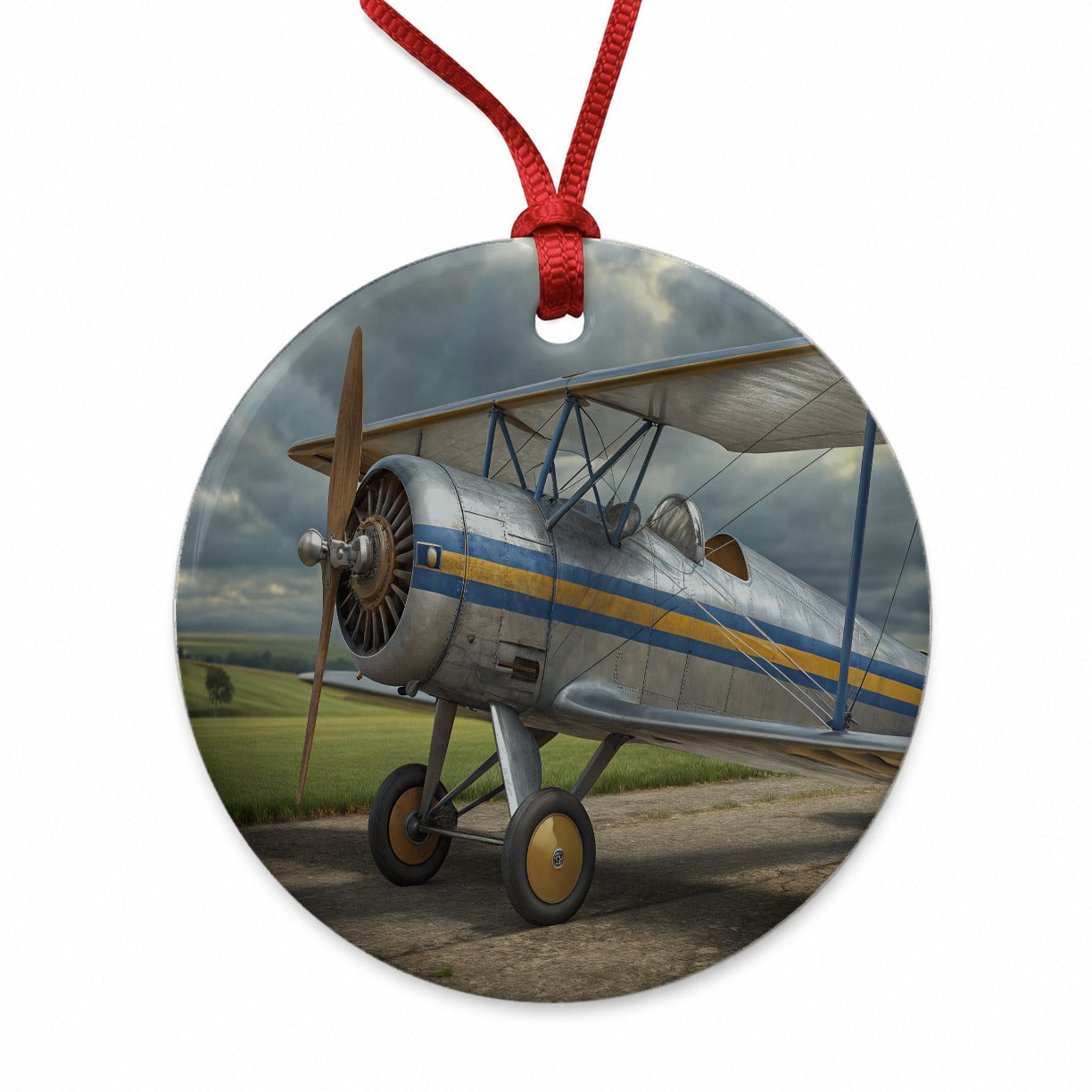 Classic Biplane Vintage Aircraft Round Ceramic Holiday Christmas Tree Ornament