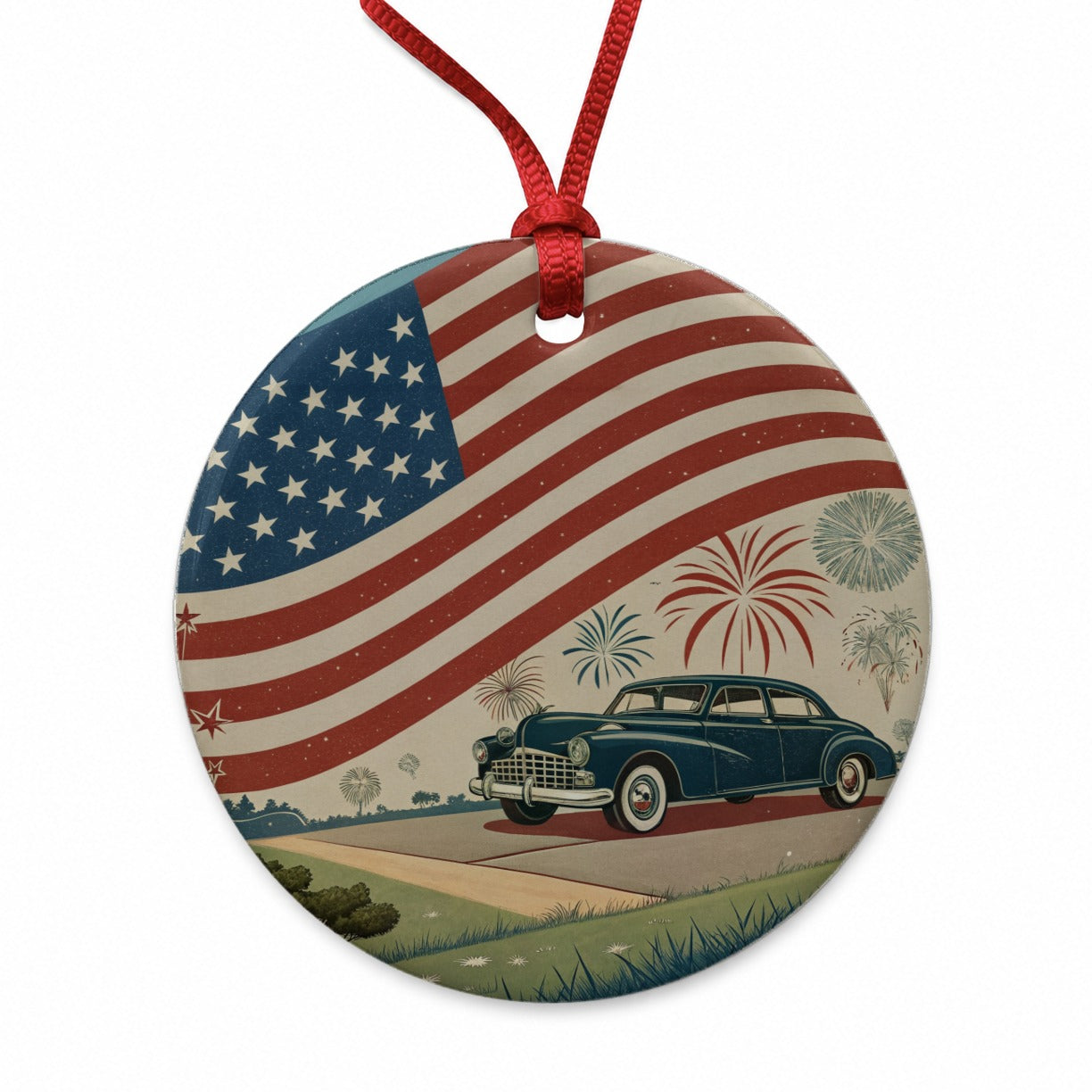 Classic USA Flag Celebration Patriotic Round Ceramic Holiday Christmas Tree Ornament