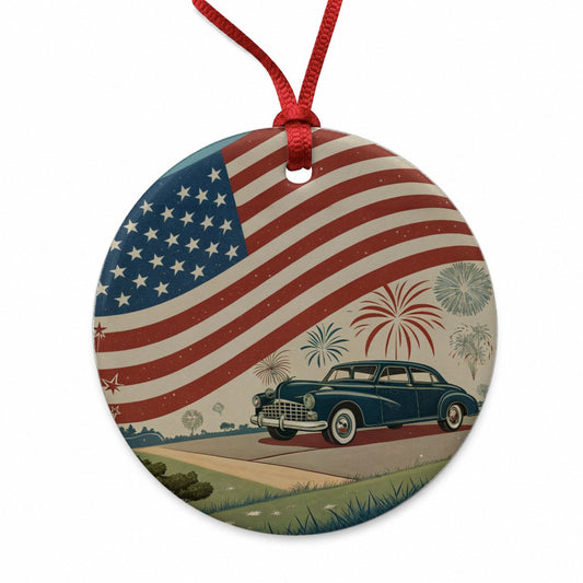 Classic USA Flag Celebration Patriotic Round Ceramic Holiday Christmas Tree Ornament