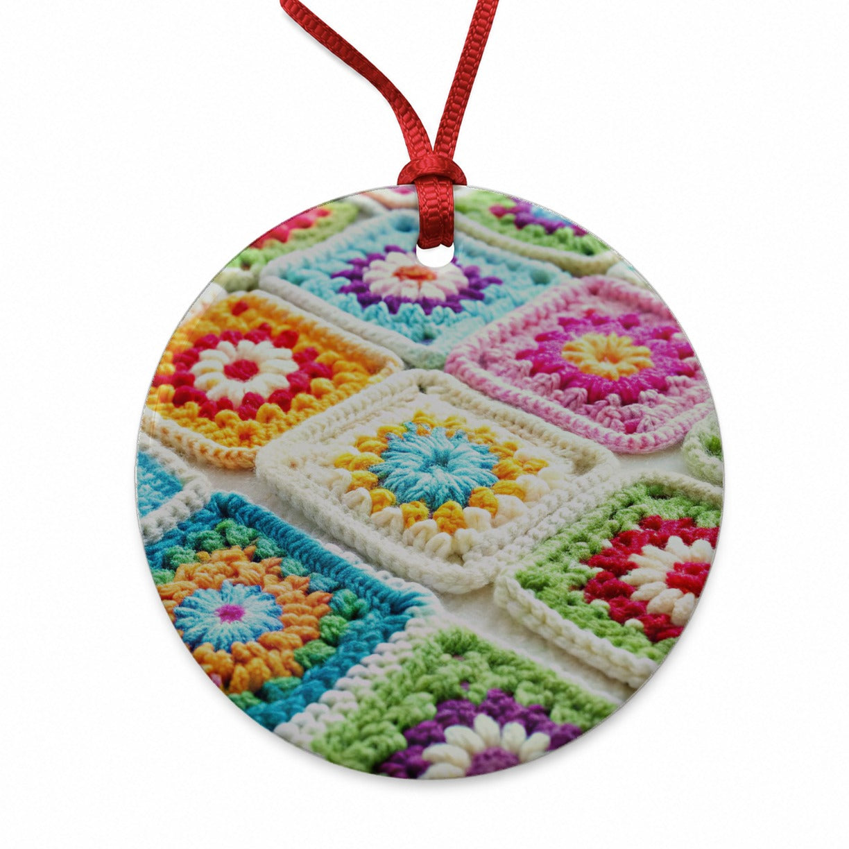 Colorful Crochet Granny Squares Round Ceramic Holiday Christmas Tree Ornament