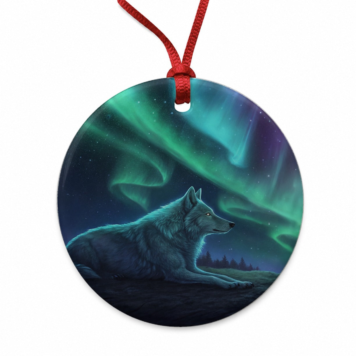 Cosmic Wolf Northern Lights Round Ceramic Holiday Christmas Tree Ornament