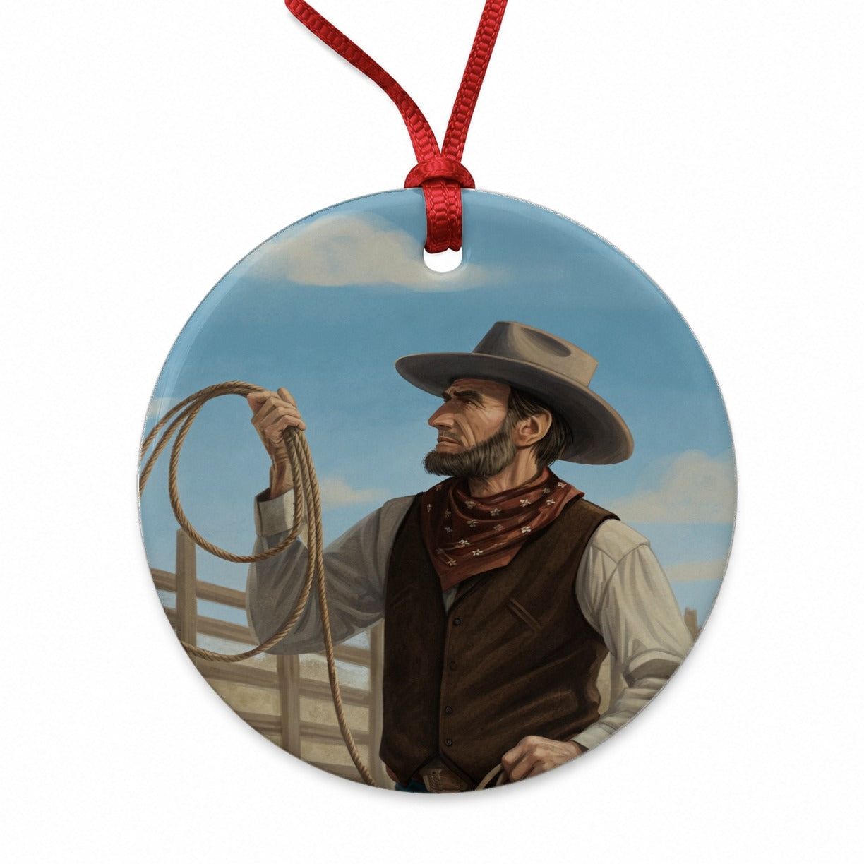 Cowboy Abraham Lincoln Round Ceramic Holiday Christmas Tree Ornament