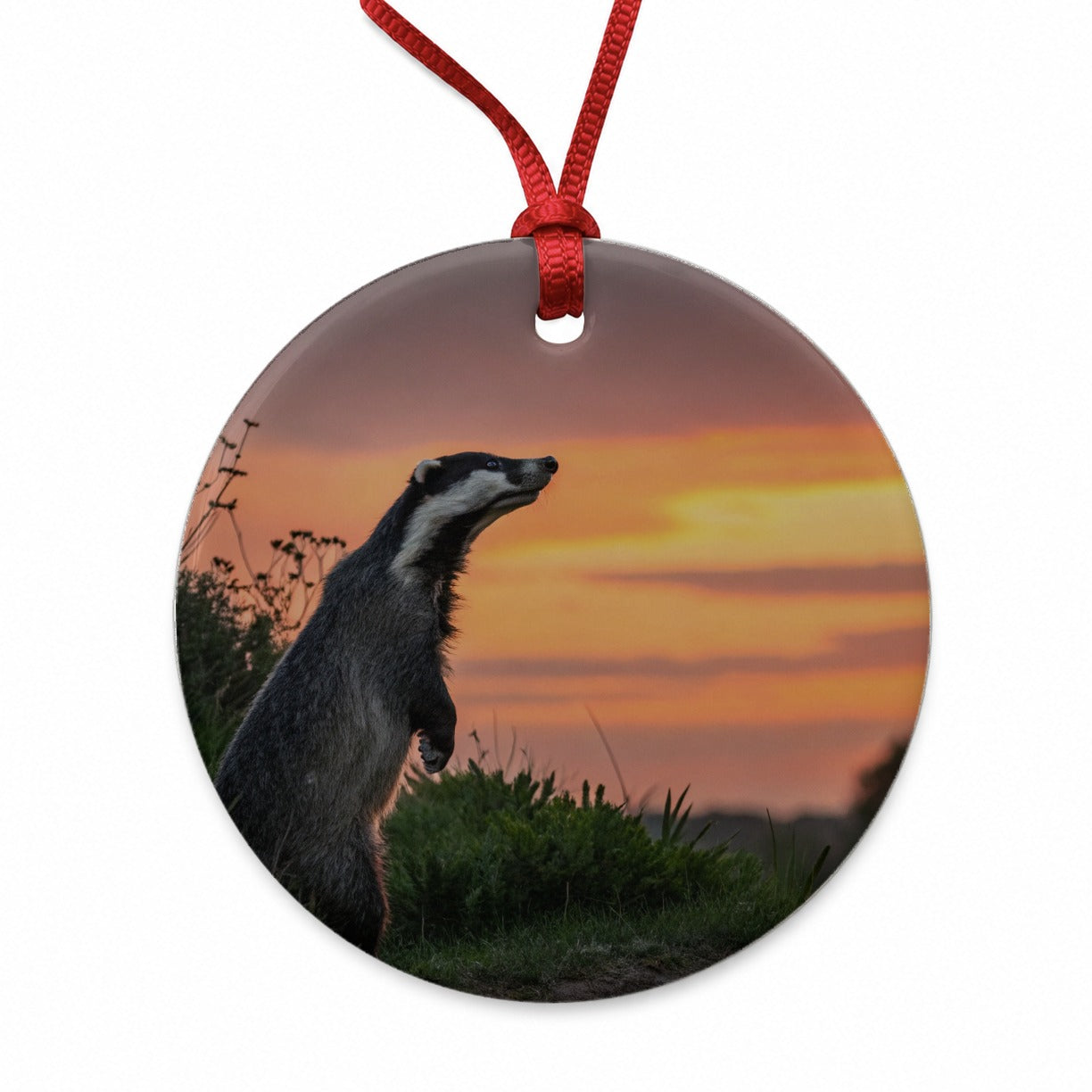 Curious Badger Sunset Scene Round Ceramic Holiday Christmas Tree Ornament