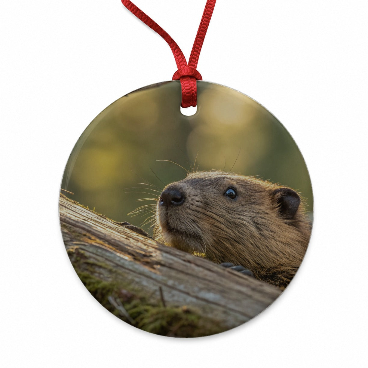 Curious Beaver Wildlife Nature Round Ceramic Holiday Christmas Tree Ornament
