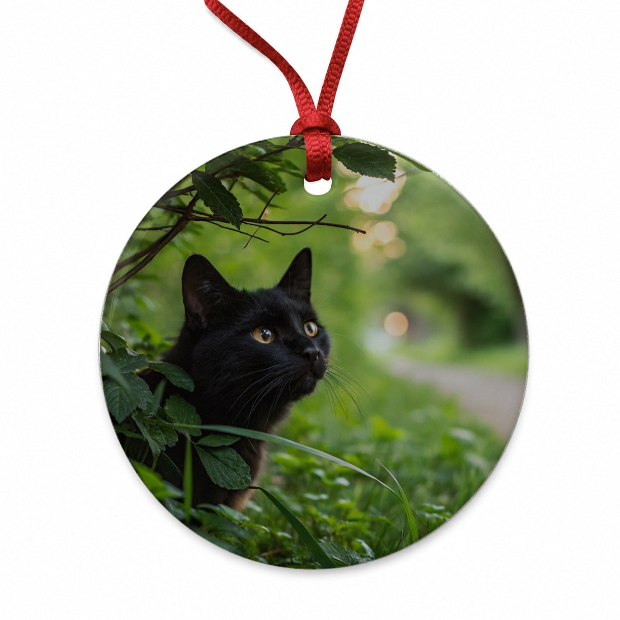 Curious Black Cat Nature Round Ceramic Holiday Christmas Tree Ornament