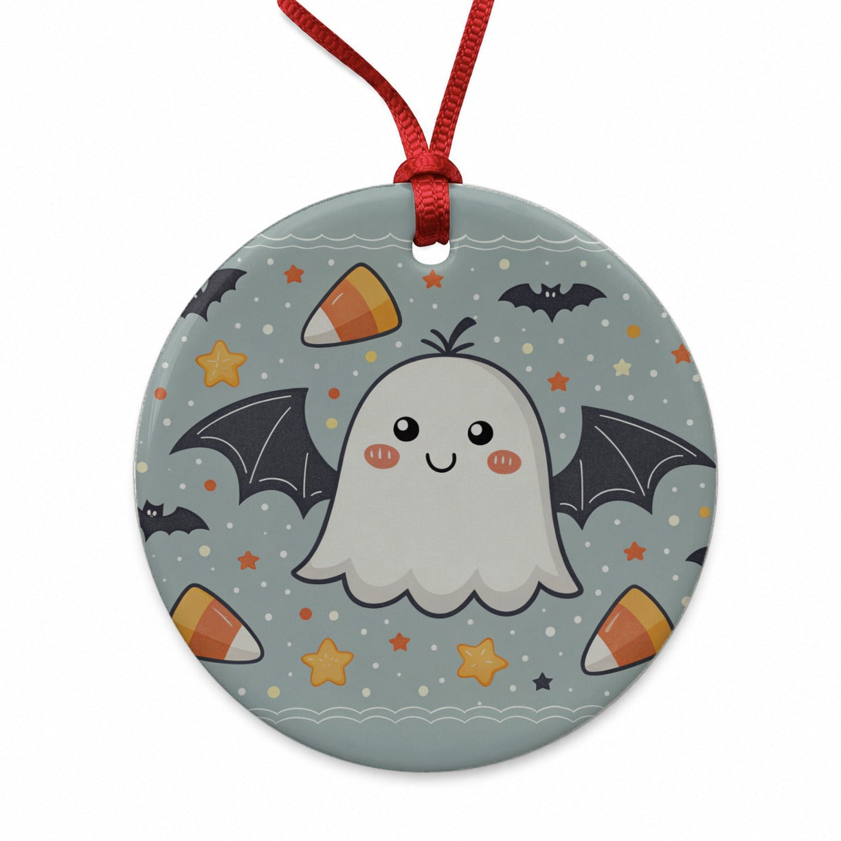 Cute Ghosts Bats Candy Corn Halloween Round Ceramic Holiday Christmas Tree Ornament