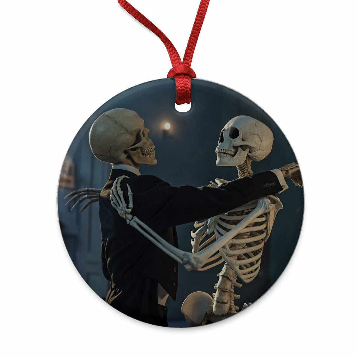 Dancing Skeleton Couple Halloween Round Ceramic Holiday Christmas Tree Ornament