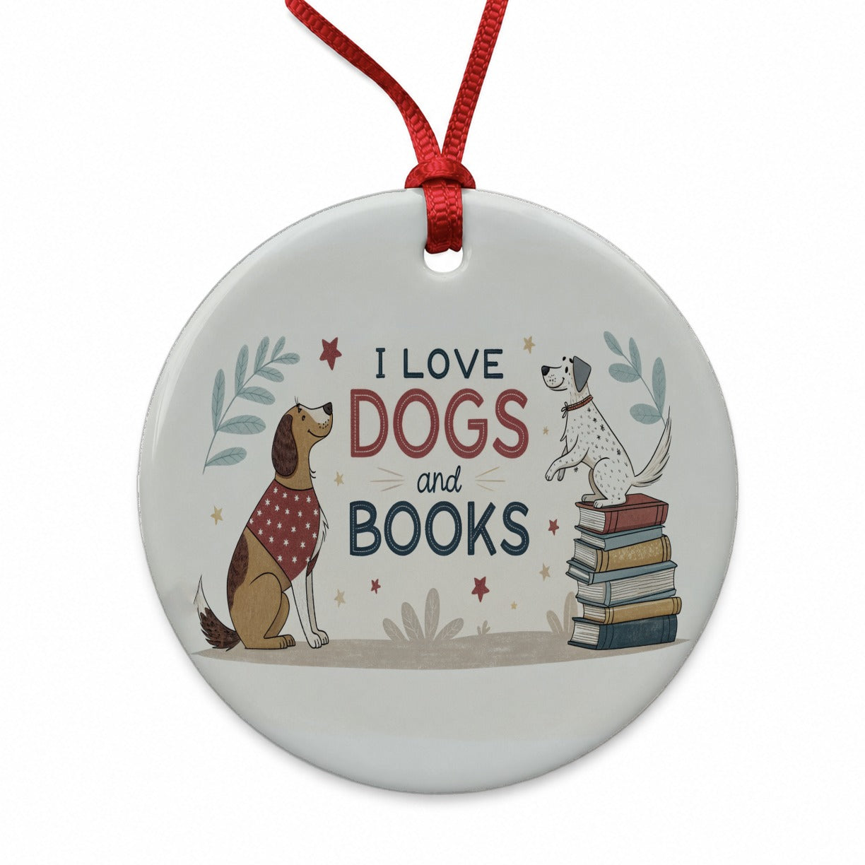 Dogs Books Love Reading Round Ceramic Holiday Christmas Tree Ornament