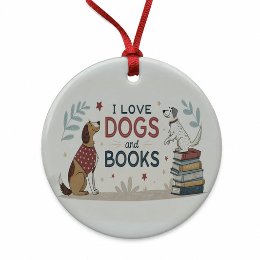 Dogs Books Love Reading Round Ceramic Holiday Christmas Tree Ornament