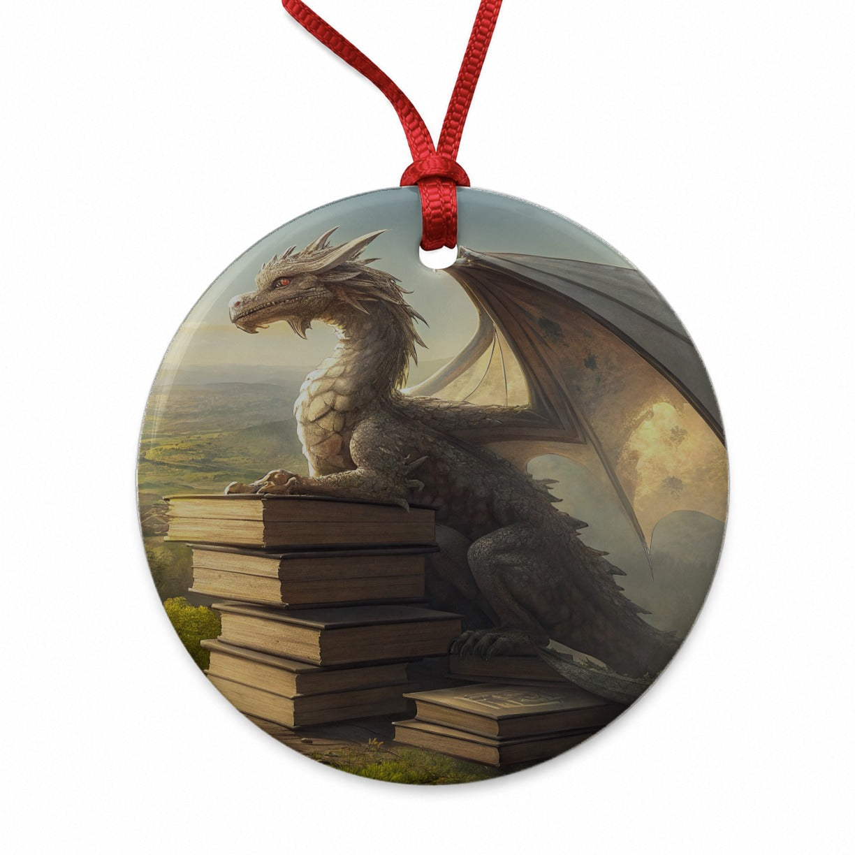Dragon Books Reading Mountaintop Round Ceramic Holiday Christmas Tree Ornament