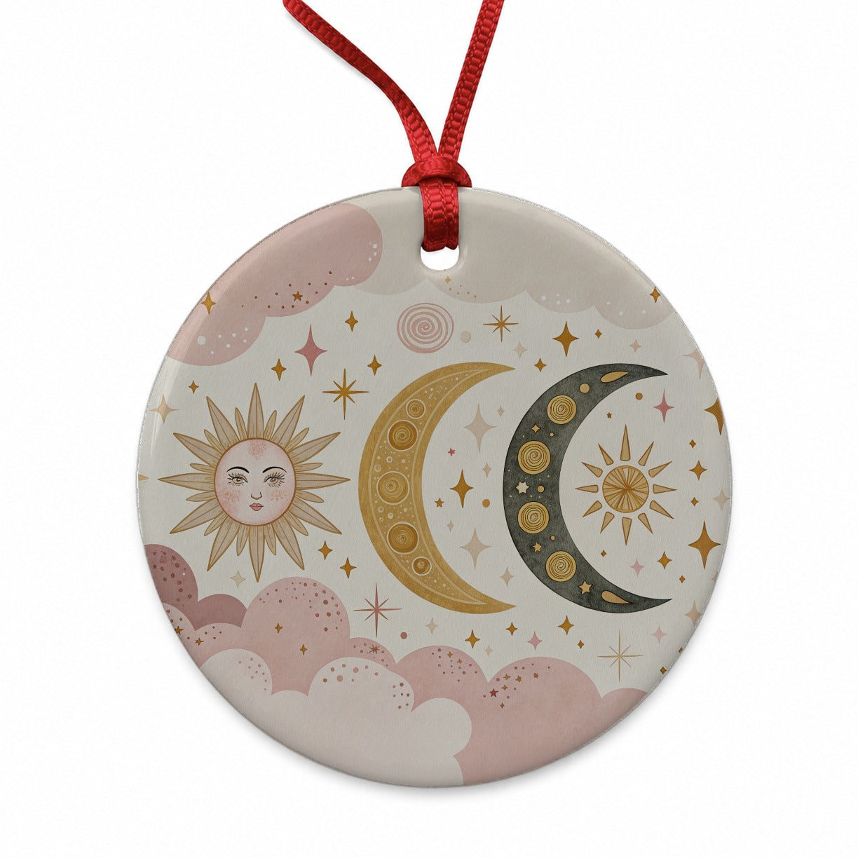 Dreamy Moon and Stars Round Ceramic Holiday Christmas Tree Ornament