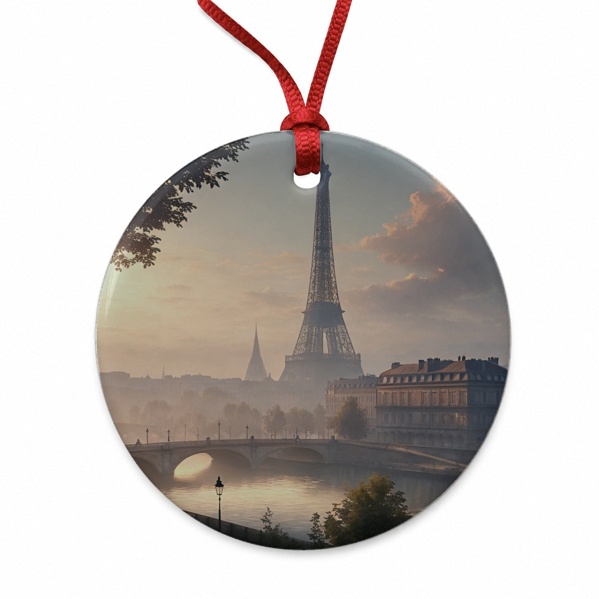 Eiffel Tower Paris France Morning Round Ceramic Holiday Christmas Tree Ornament