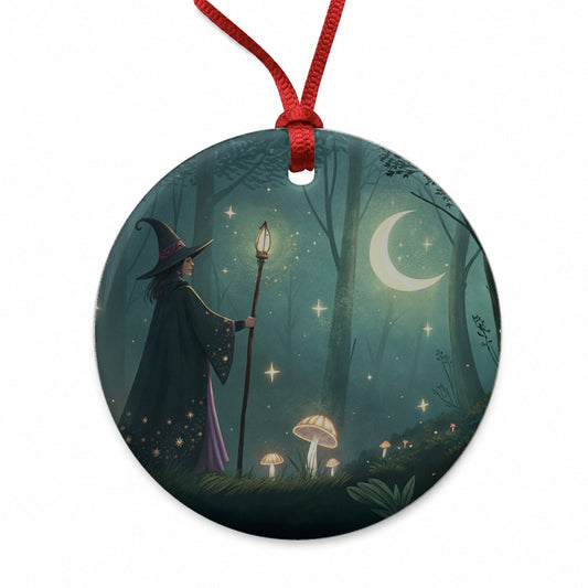 Enchanted Forest Witch Scene Round Ceramic Holiday Christmas Tree Ornament
