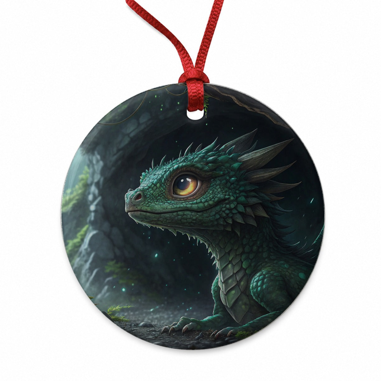 Fantasy Dragon Cave Scene Round Ceramic Holiday Christmas Tree Ornament