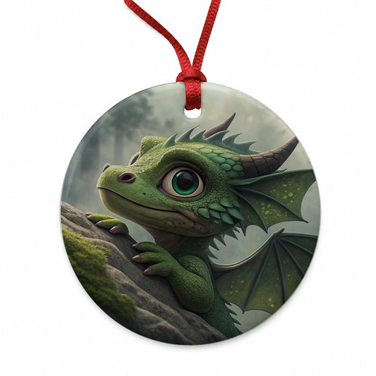 Fantasy Dragon Forest Scene Round Ceramic Holiday Christmas Tree Ornament