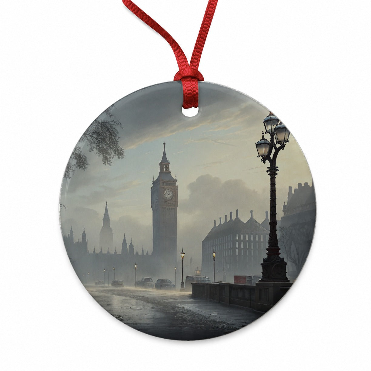 Foggy London England Cityscape Round Ceramic Holiday Christmas Tree Ornament