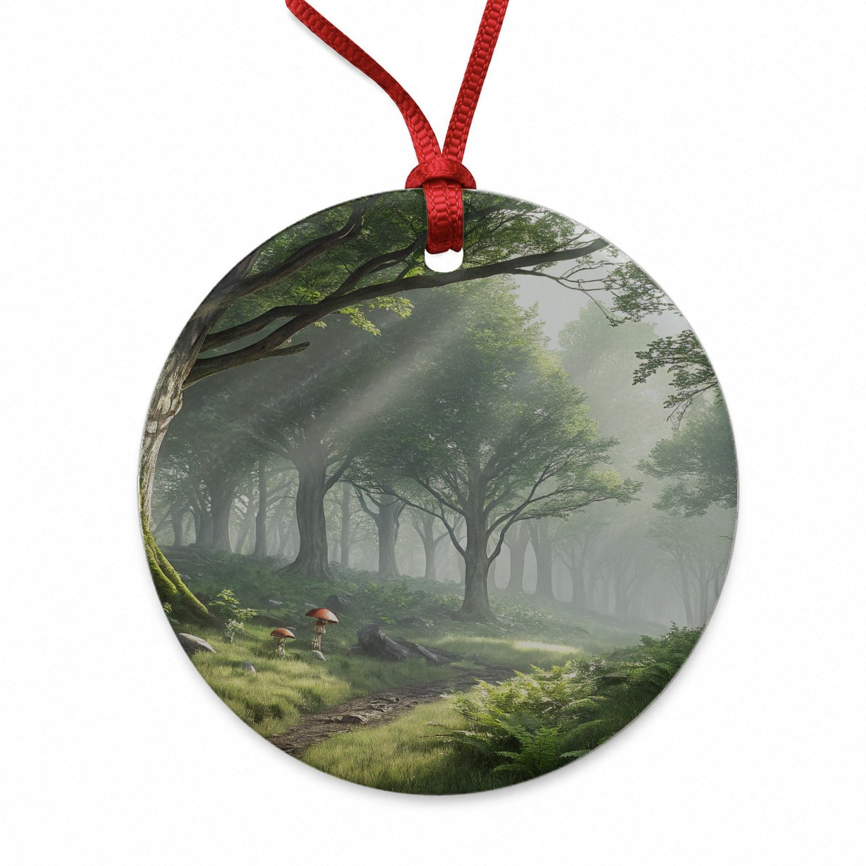 Foggy Woodland Forest Landscape Round Ceramic Holiday Christmas Tree Ornament