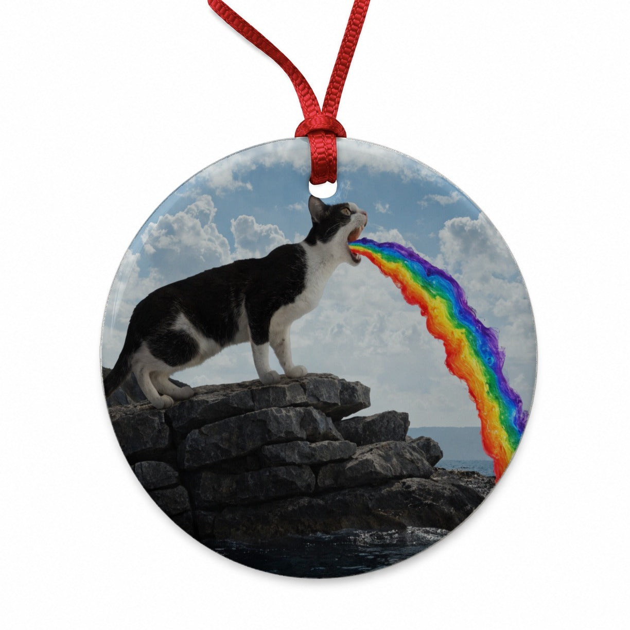 Funny Cat Rainbow Vomit Round Ceramic Holiday Christmas Tree Ornament