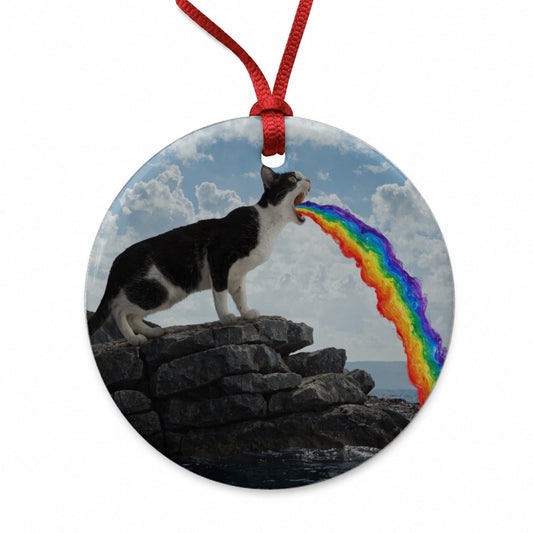 Funny Cat Rainbow Vomit Round Ceramic Holiday Christmas Tree Ornament