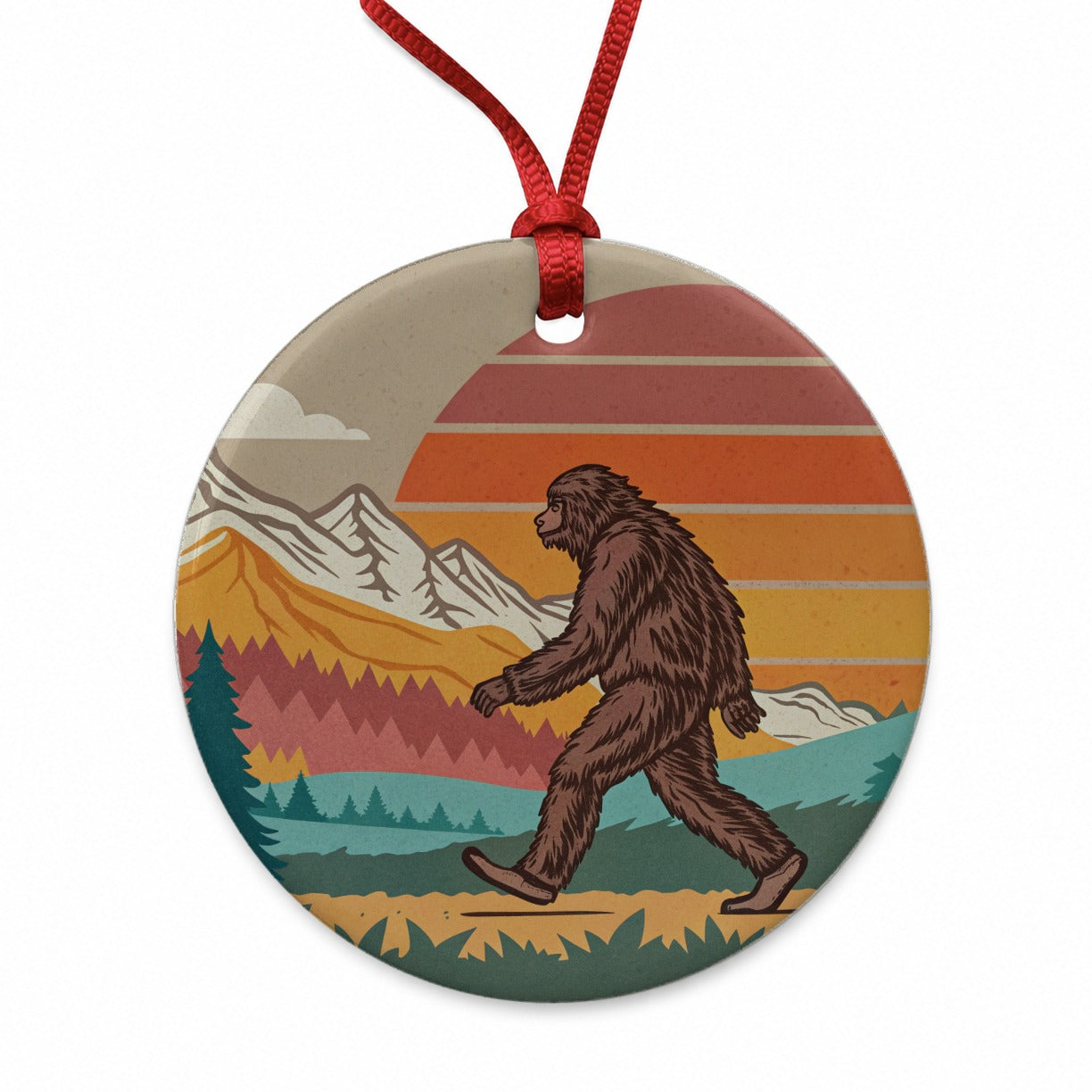 Funny Retro Sasquatch Bigfoot Walking Round Ceramic Holiday Christmas Tree Ornament