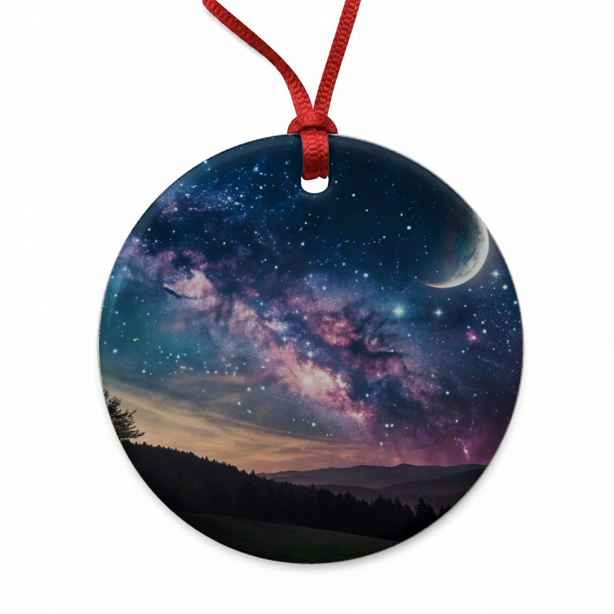 Galaxy Night Sky Crescent Moon Round Ceramic Holiday Christmas Tree Ornament