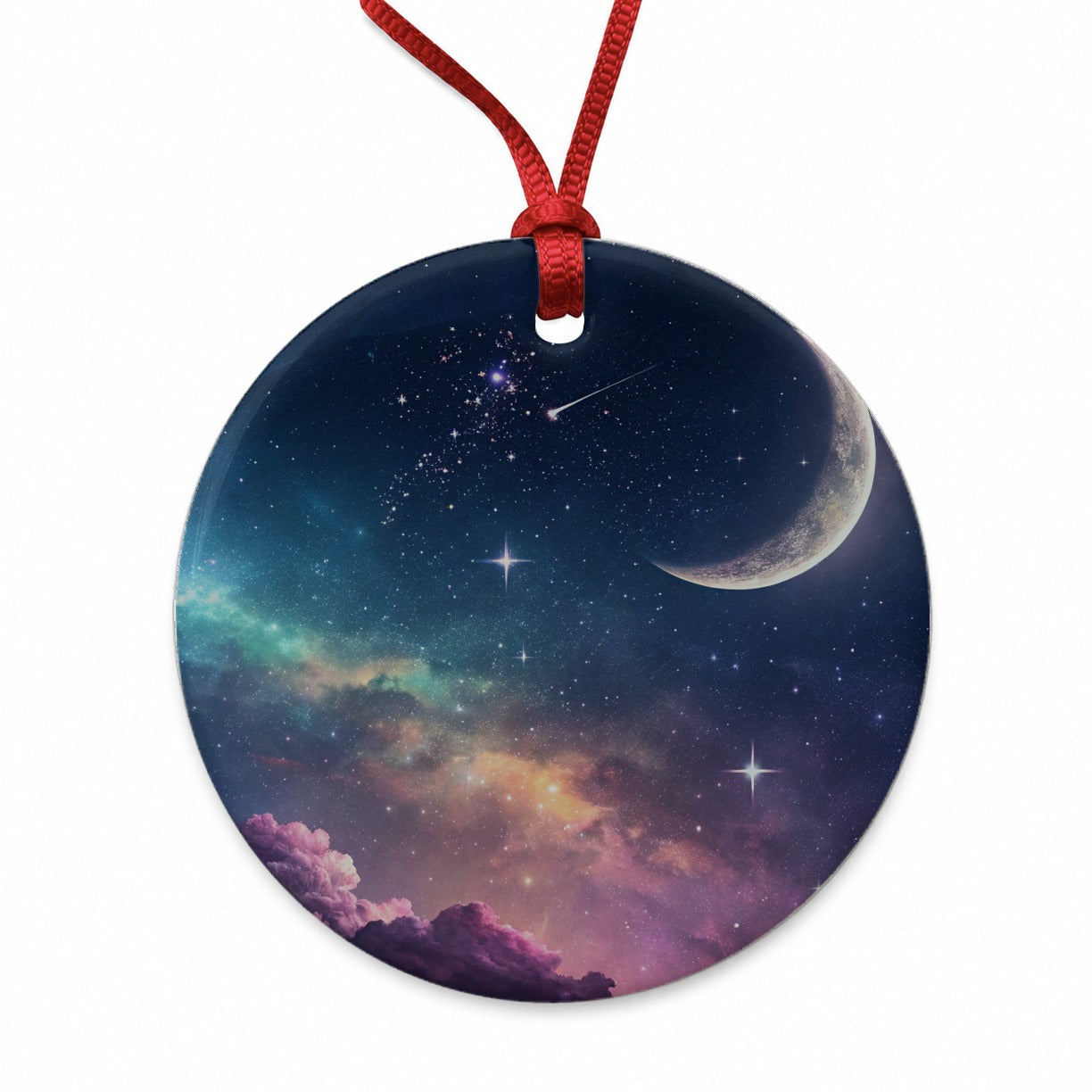 Galaxy Night Sky Moon Round Ceramic Holiday Christmas Tree Ornament