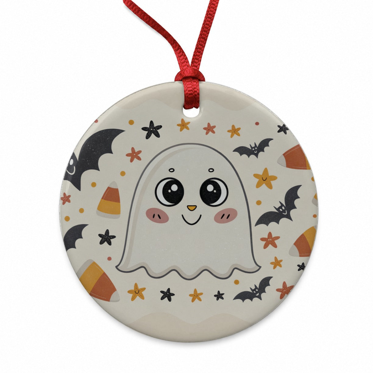 Halloween Ghost Candy Corn Pattern Round Ceramic Holiday Christmas Tree Ornament