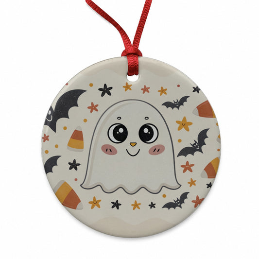 Halloween Ghost Candy Corn Pattern Round Ceramic Holiday Christmas Tree Ornament