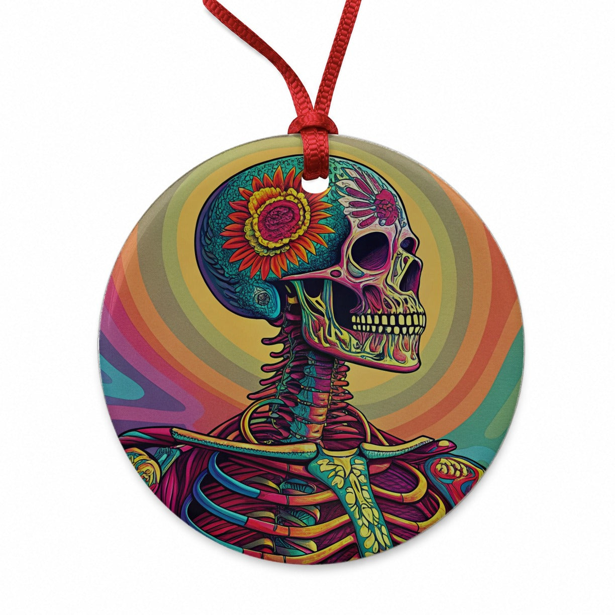 Halloween Psychedelic Skeleton Round Ceramic Holiday Christmas Tree Ornament
