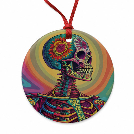 Halloween Psychedelic Skeleton Round Ceramic Holiday Christmas Tree Ornament