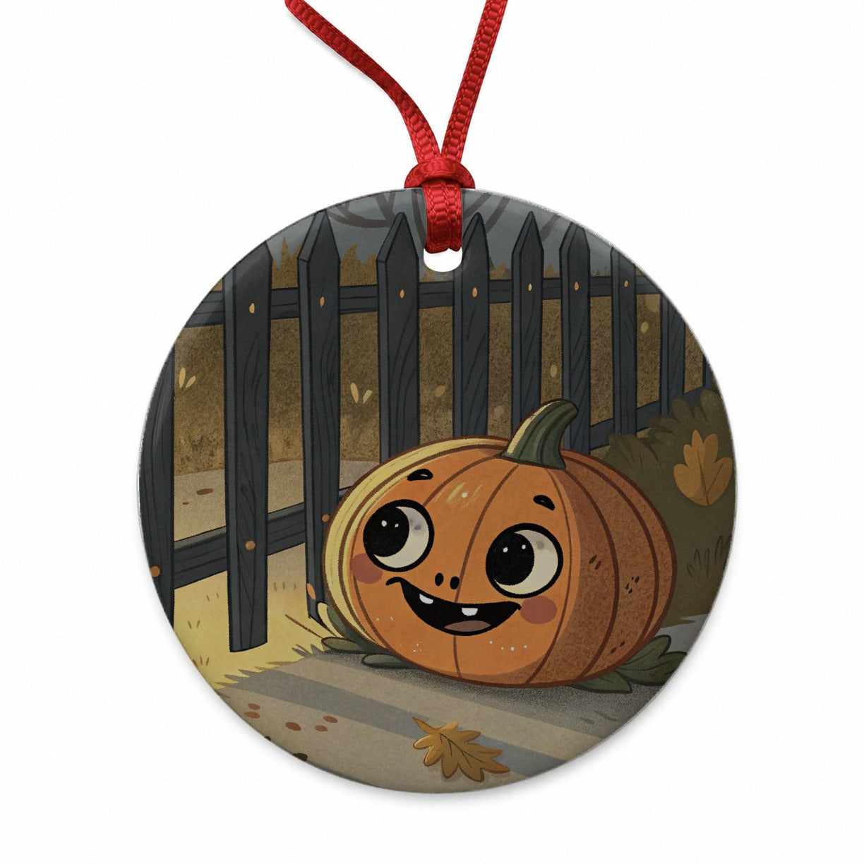 Halloween Pumpkin Jack O Lantern Fence Round Ceramic Holiday Christmas Tree Ornament