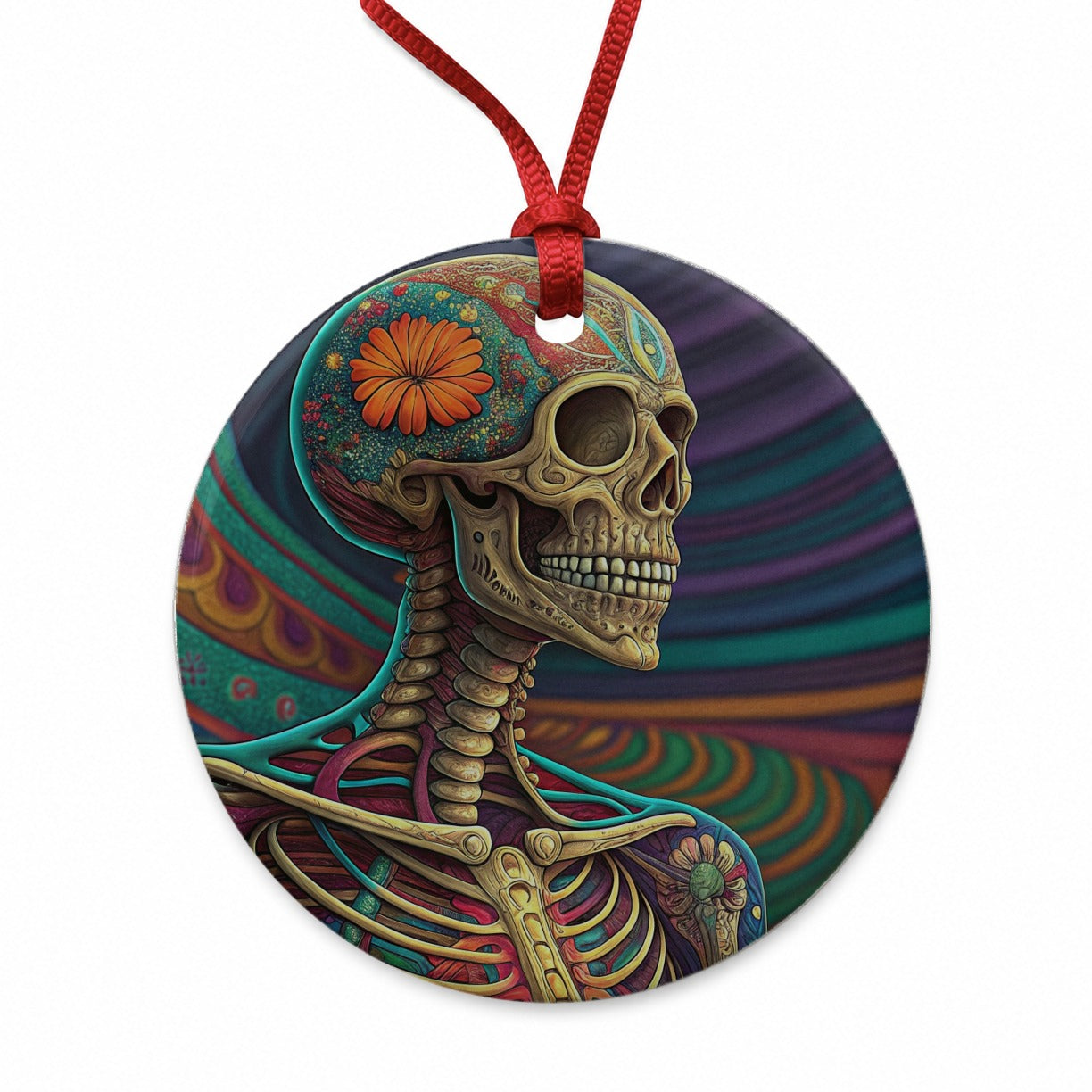 Halloween Rainbow Skeleton Psychedelic Round Ceramic Holiday Christmas Tree Ornament