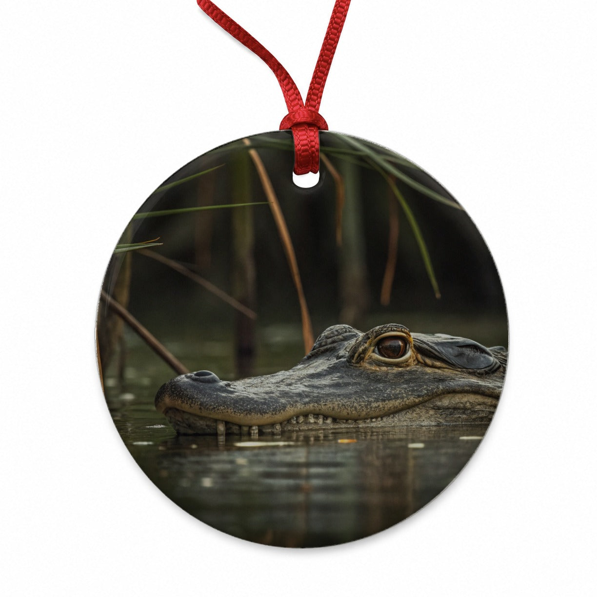 Hidden Alligator Nature Photo Round Ceramic Holiday Christmas Tree Ornament