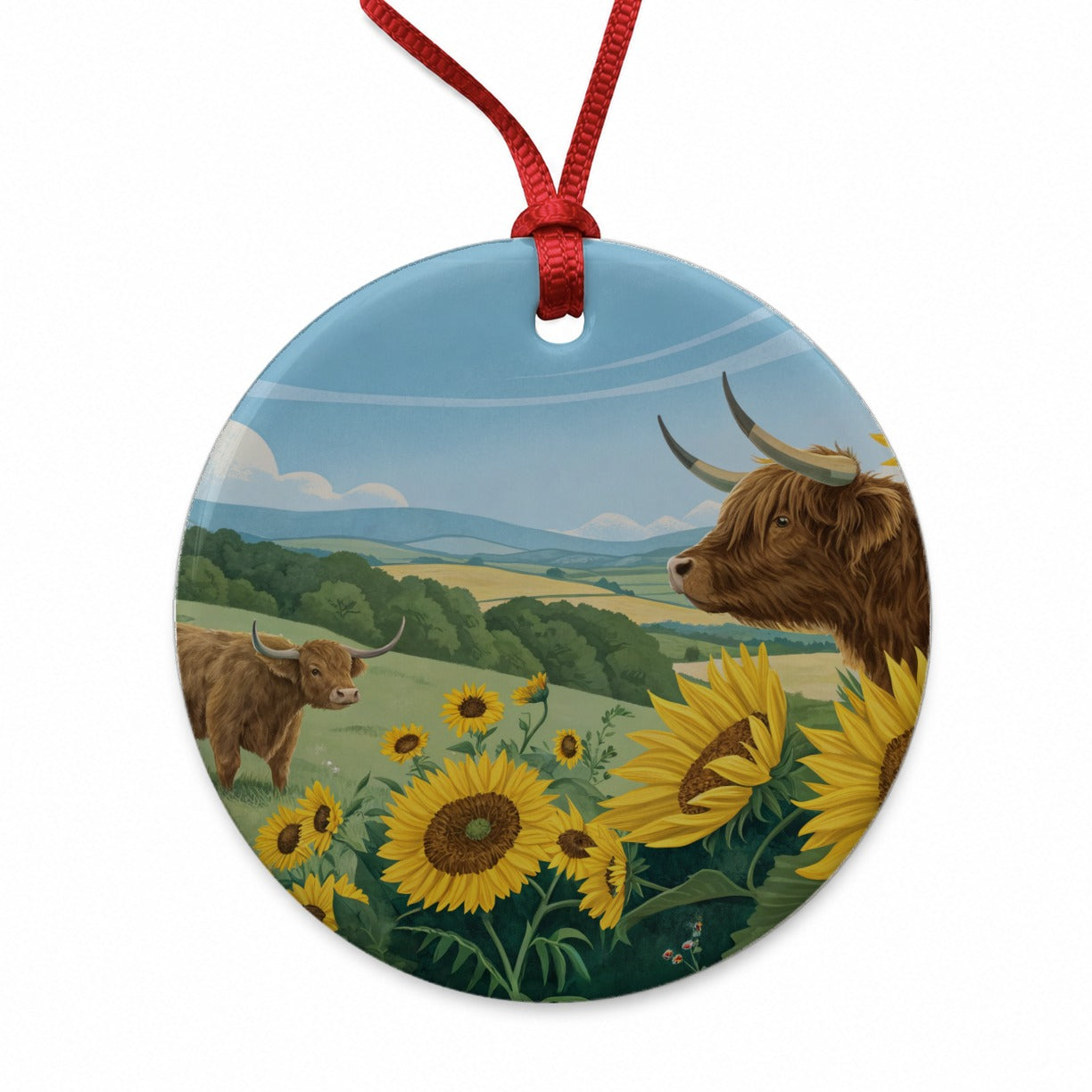 Highland Cows Sunflowers Field Round Ceramic Holiday Christmas Tree Ornament