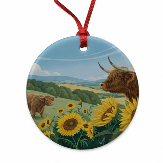 Highland Cows Sunflowers Field Round Ceramic Holiday Christmas Tree Ornament