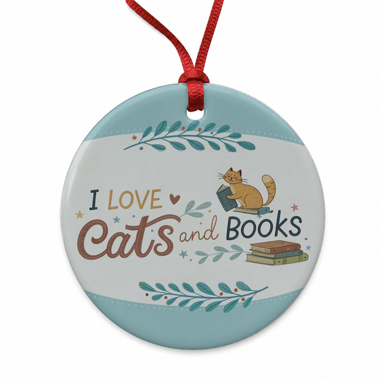 I Love Cats Books Reader Round Ceramic Holiday Christmas Tree Ornament