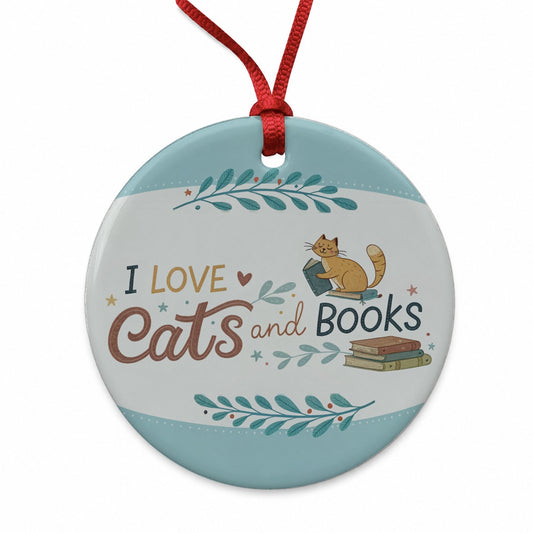 I Love Cats Books Reader Round Ceramic Holiday Christmas Tree Ornament