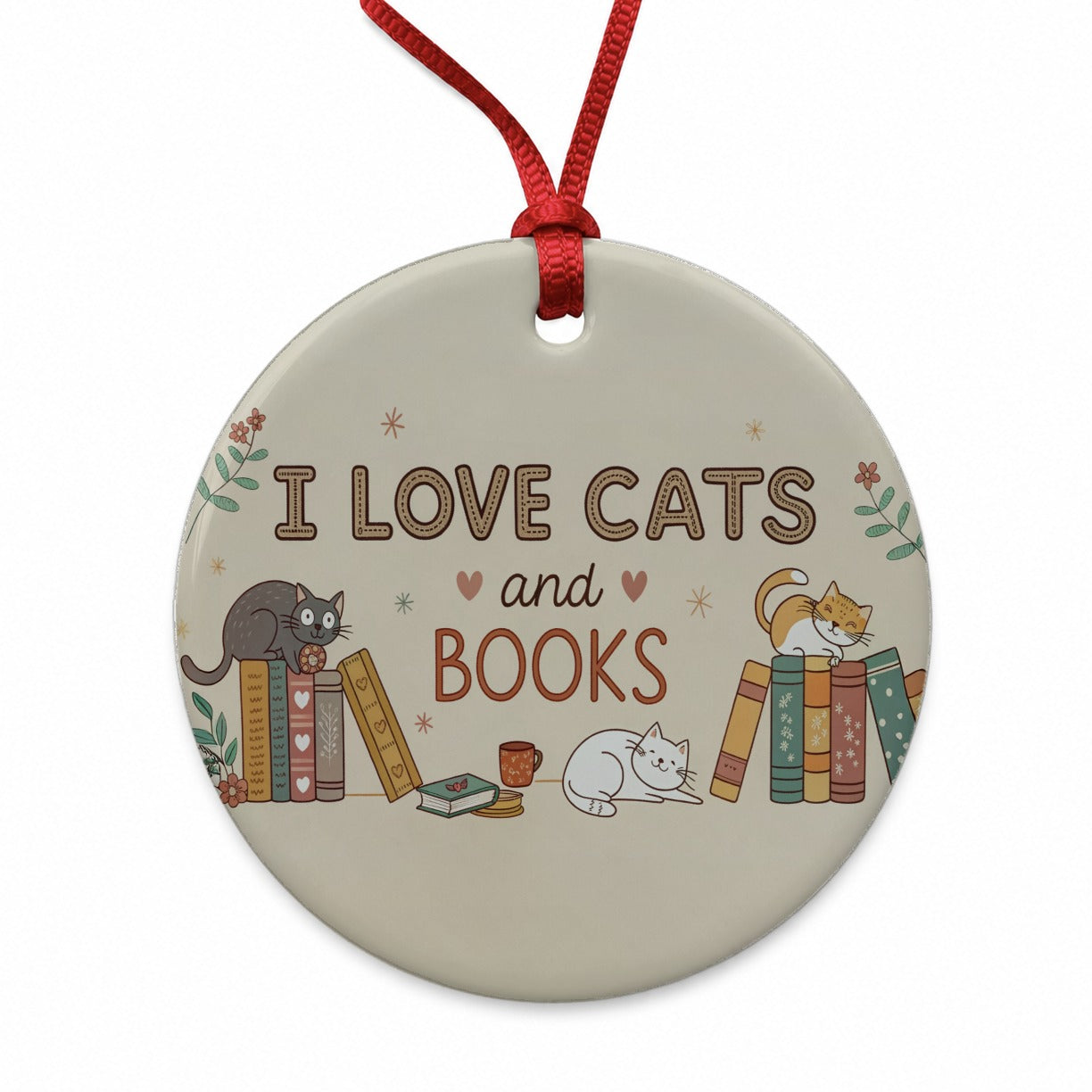 I Love Cats Books Sweet Round Ceramic Holiday Christmas Tree Ornament